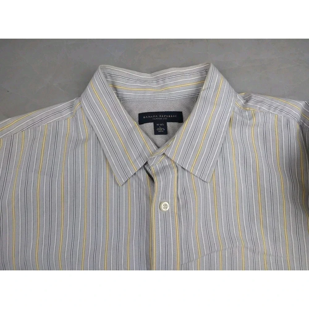 Banana Republic Classic Fit‎ Men's 16-16.5 Large Yellow Gray Stripe Shirt